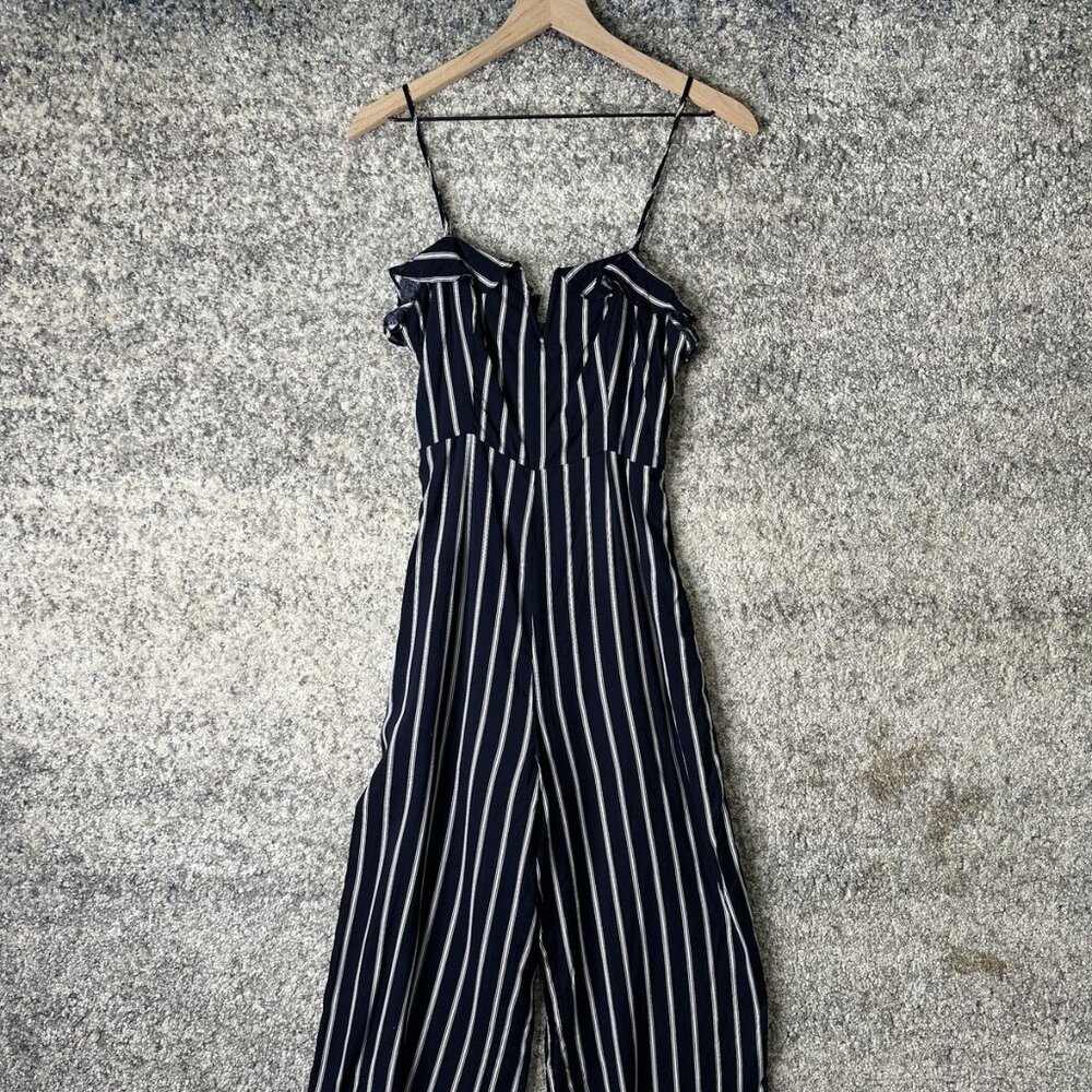 Aqua Jumpsuit‎ Womens Small Navy White Striped Spaghetti Strap Wide Leg Lined